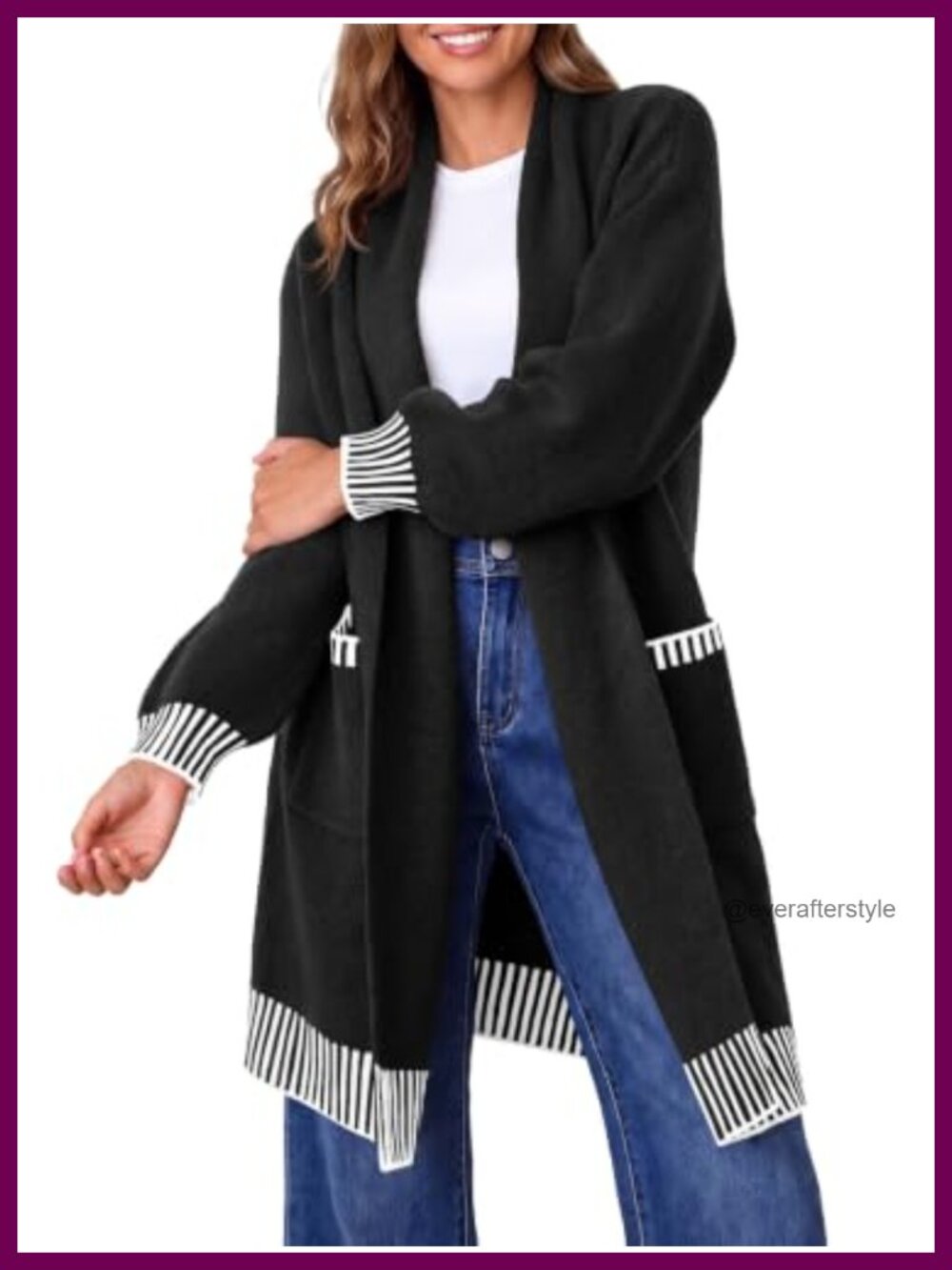 Womens Oversized Open Front Cardigan Sweater with Pockets Striped Knit